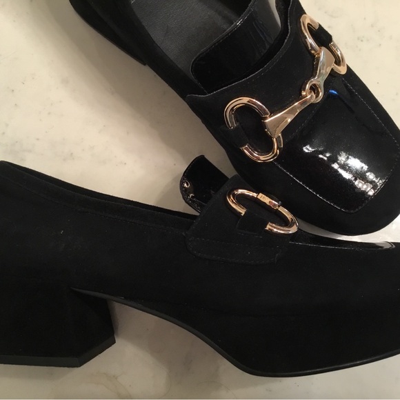 Jeffrey Campbell Patent Two Tone Platform loafers with gold accents. - Picture 3 of 4